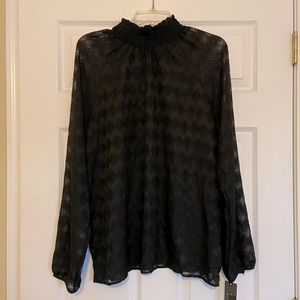 NWT Chevron Top Blouse Sheer Mock-neck Black